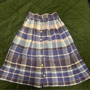 Vintage Cotton Button-Front Blue Plaid Midi Skirt